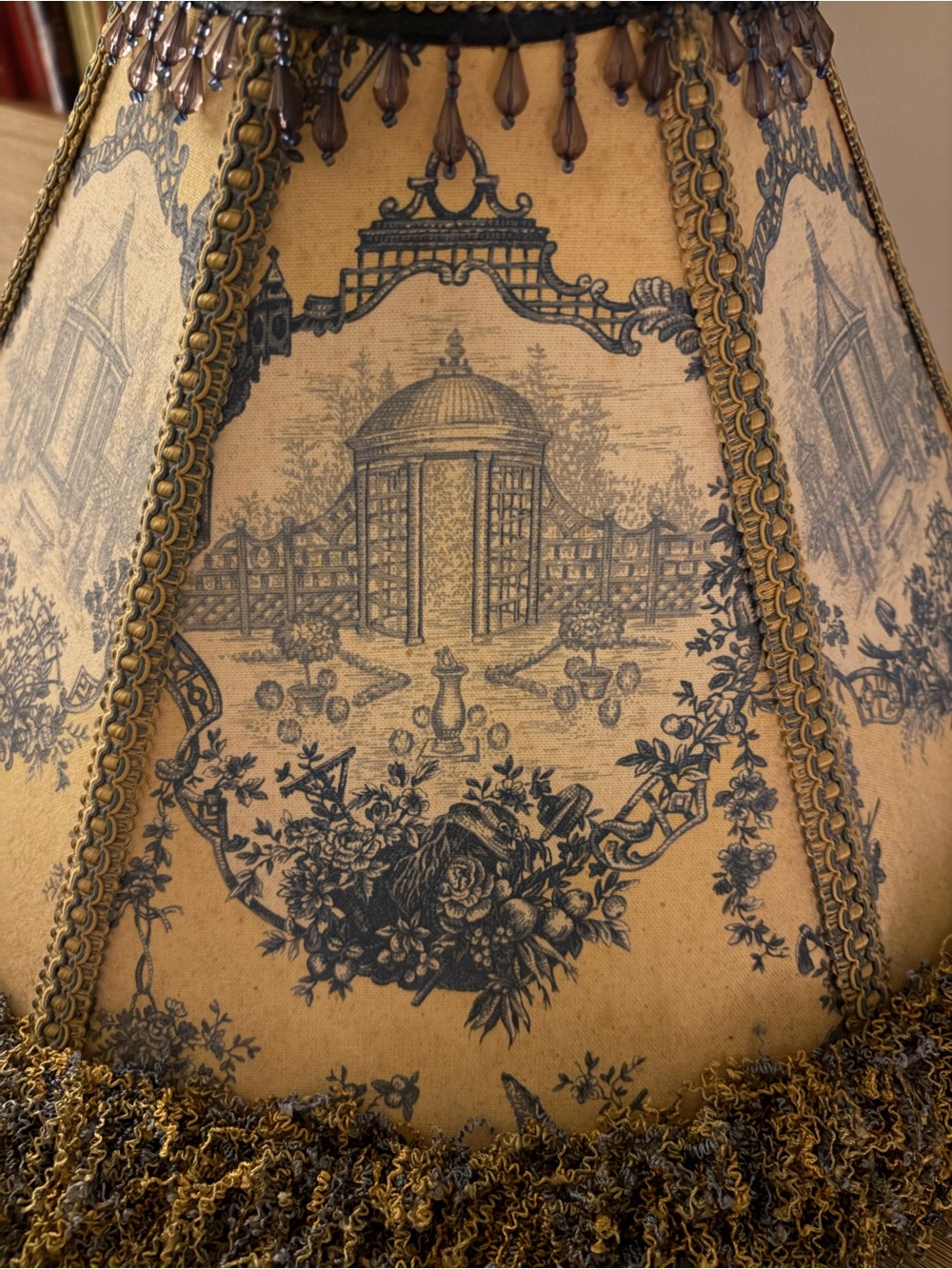 Vintage Toile Lamp Shade in Yellow/Gold and Navy Blue w/ Fringe Trim - Picture 6 of 6
